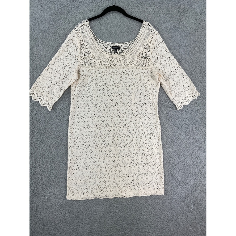 Spense Floral Lace Shift Dress Womens 14 Cream Crochet Scoop Neck 3/4